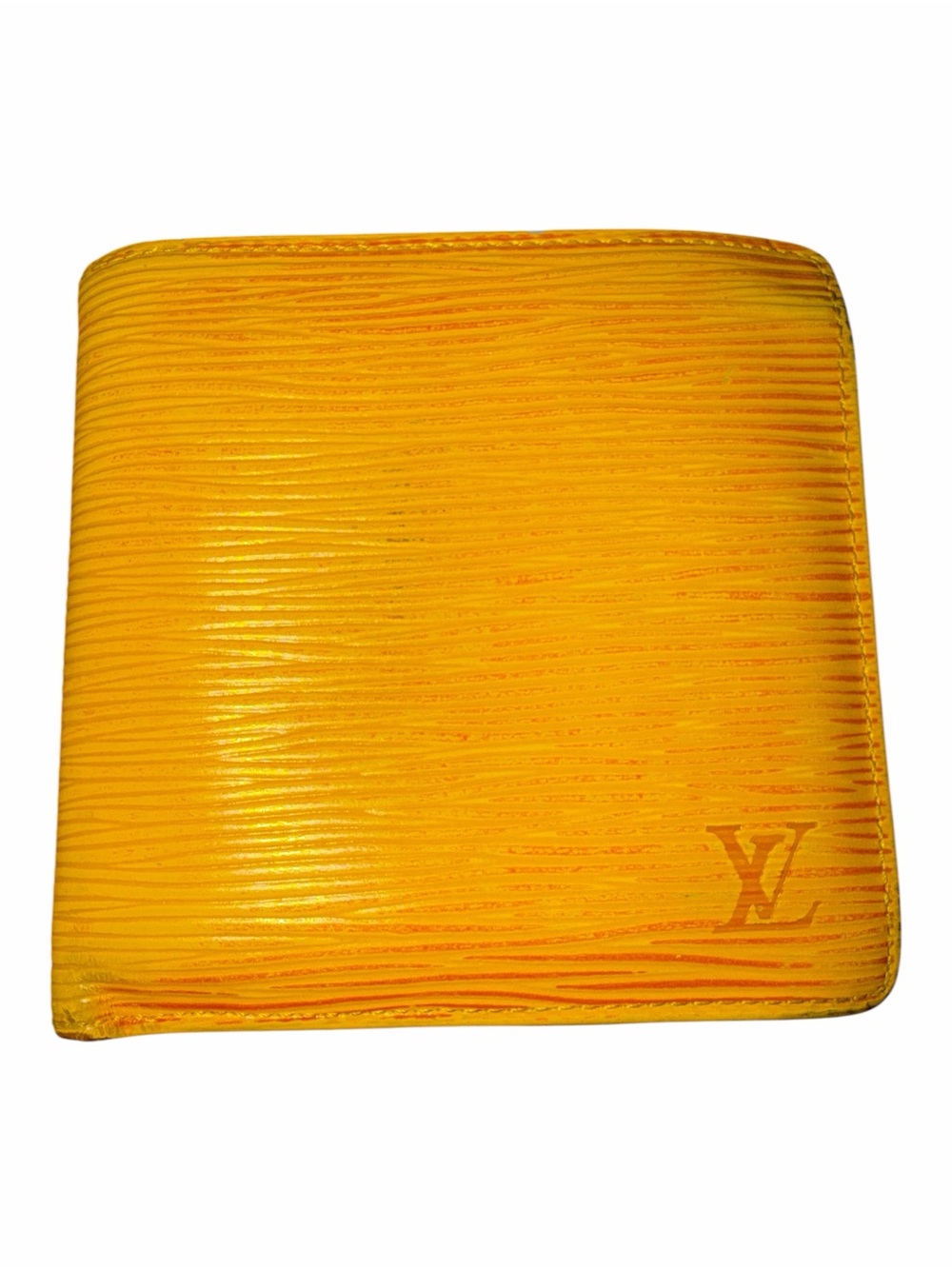 ⁠Auth Louis Vuitton Tassil Yellow Epi Leather Bifold Wallet Purple Interior